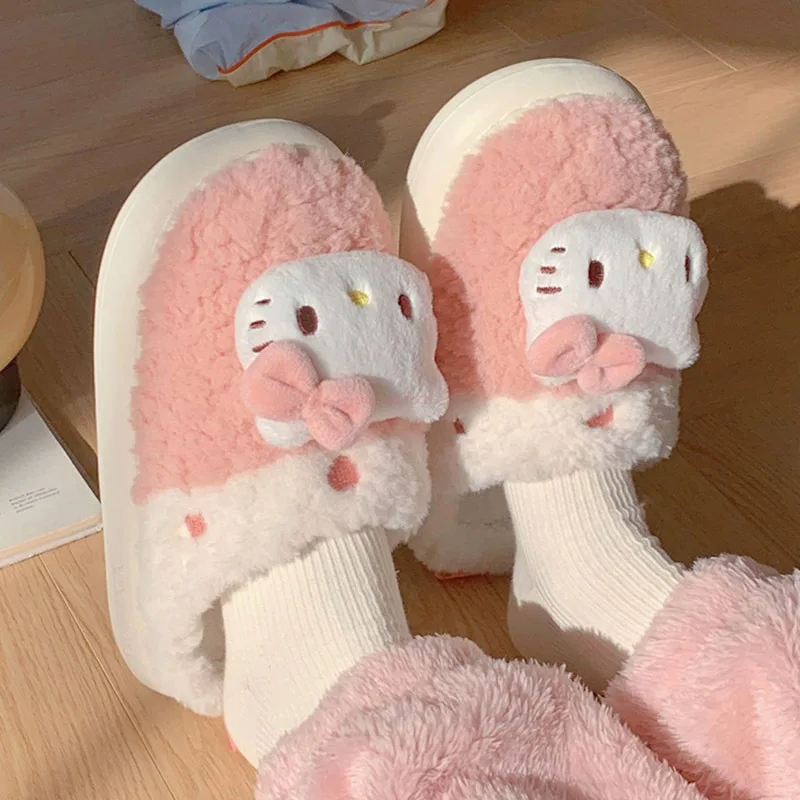

Sanrio Hello Kitty Kuromi Cinnamoroll Cute Plush Shoes Slippers Women Home Cotton Slippers Warm Winter Girlfriend Christmas Gift