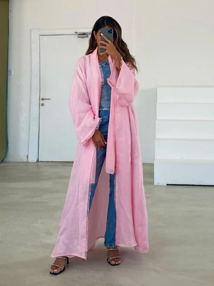 

Eid Imitation Cotton Linen Abaya for Women Dubai Open Abayas Kimono Islamic Clothing Fashion Cardigan Muslim Coat Turkish Tunic