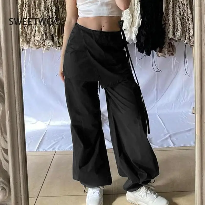 New Drawstring Low Waist Y2K Skirt Cargo Pants Women Pockets Design Streetwear Joggers Womens Vintage Casual Hippie Sweatpants