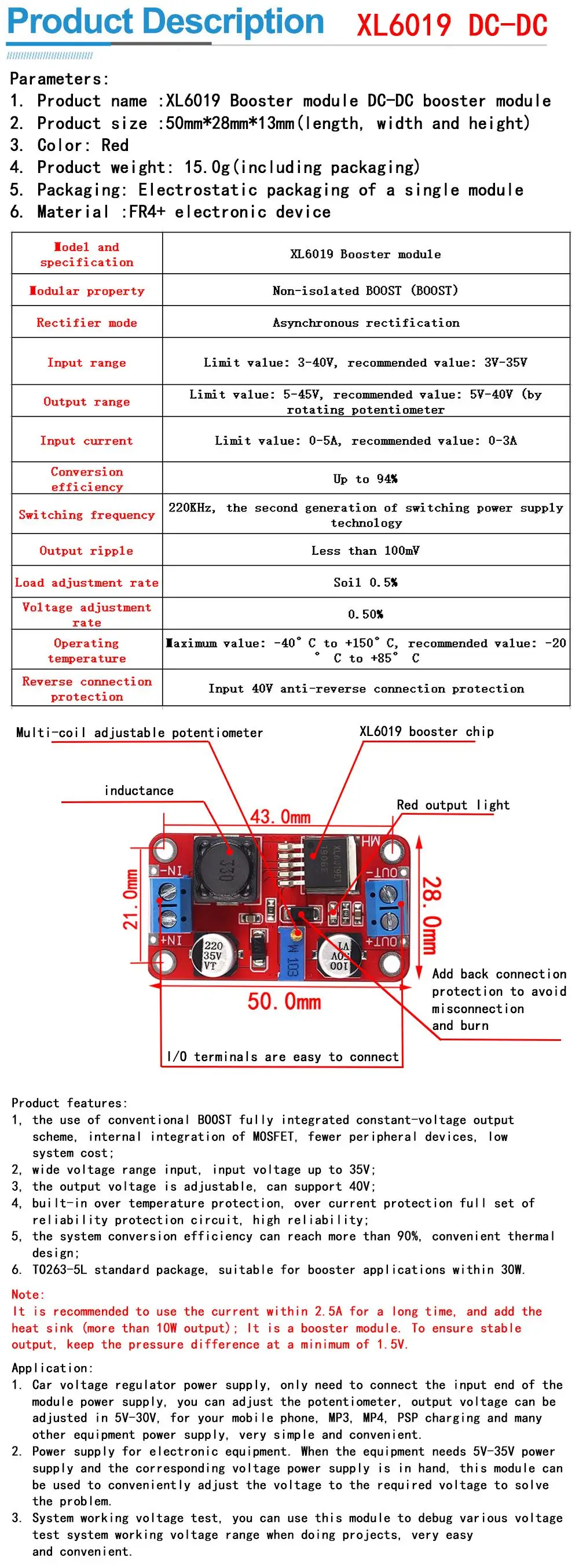 Xl6009/xl6019 4a Boost Converter Step Up einstellbar 15W 5-32V bis 5-50V DC-DC Netzteil modul hohe Leistung niedrige Welligkeit – Detail 8
