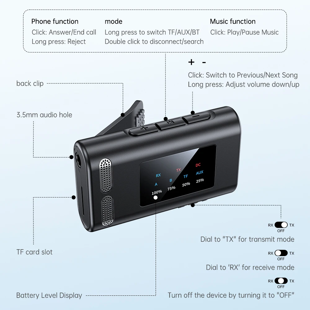 블루투스 6.0 2-in-1 트랜시버 무선 어댑터, 3.5mm 오디오 AUX 어댑터, 휴대폰용 듀얼 수신기 및 듀얼 송신기