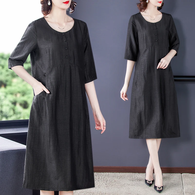 

2024 New Black Natural Silk Loose Dress Summer Elegant Short Sleeve Midi Dress Women Korean Vintage Hepburn Casaul Party Dress