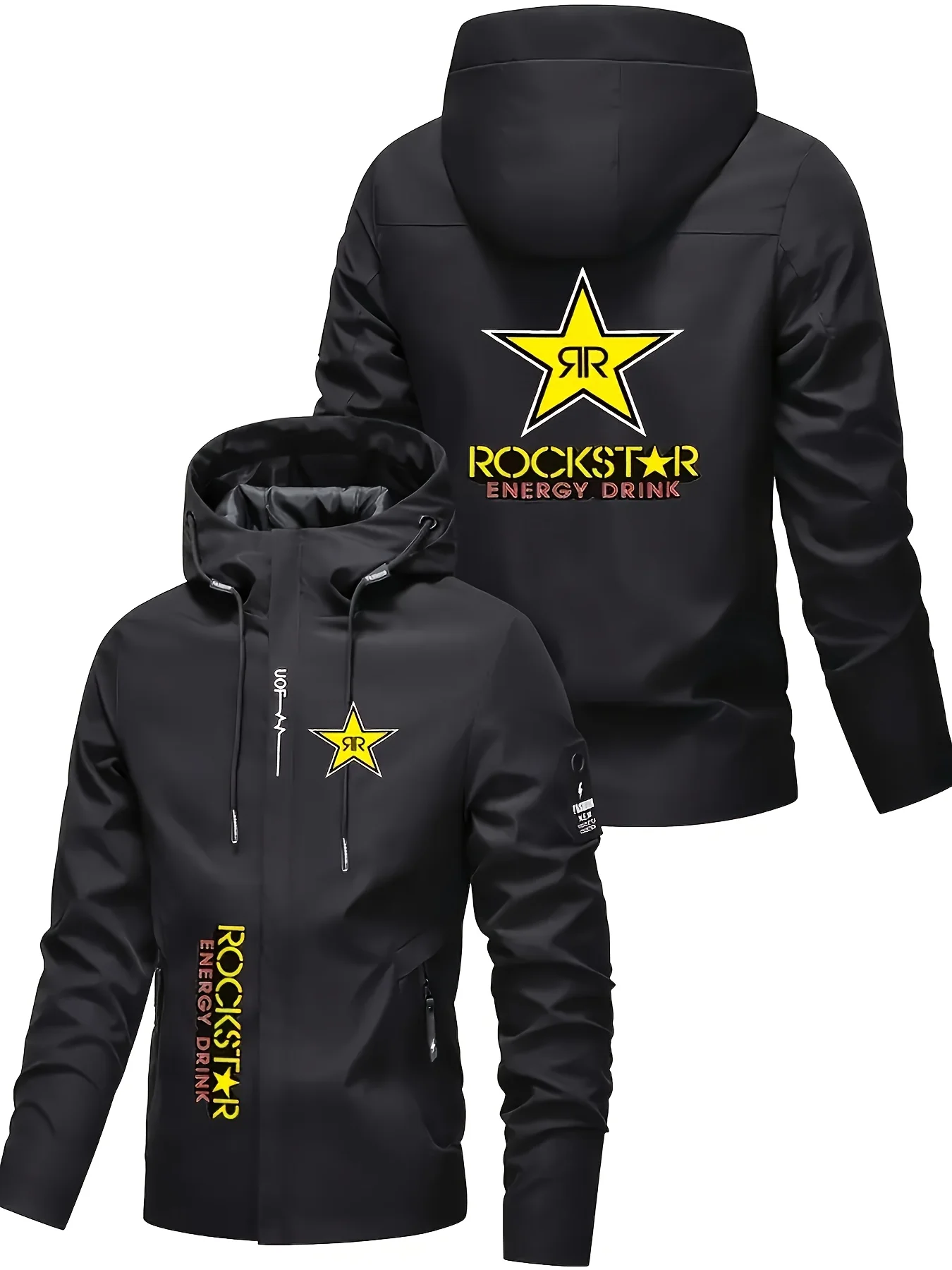 Giacca con cappuccio pesante da uomo con logo Rockstar - Cappotto antivento con zip intera con tasche con cerniera Abbigliamento da esterno per moto da strada