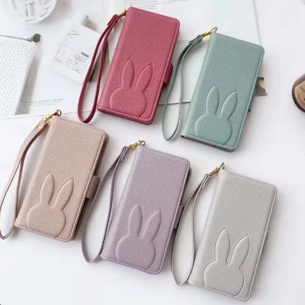 Charming 3D Rabbit & Floral Leather Phone Wallet Case with Card Slot Flip Cover