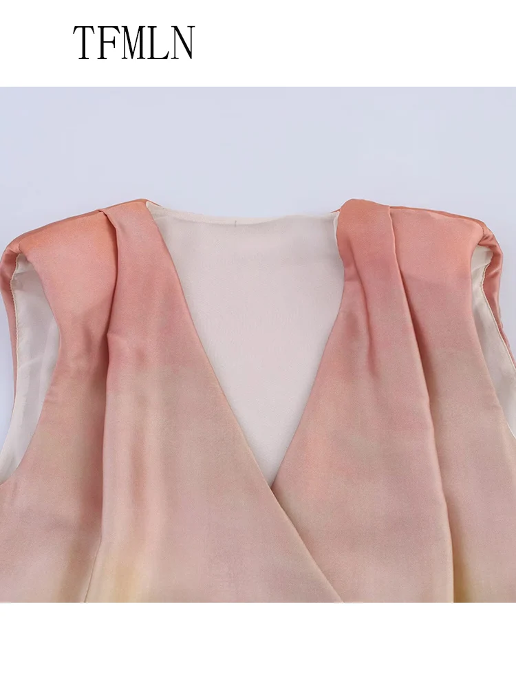 TFMLN 2025 Summer Sweet Women Tie Dye Top Pant Suit Fashion Sleeveless V-neck Lace Up Top Zipper Straight Pant Causal Outfits