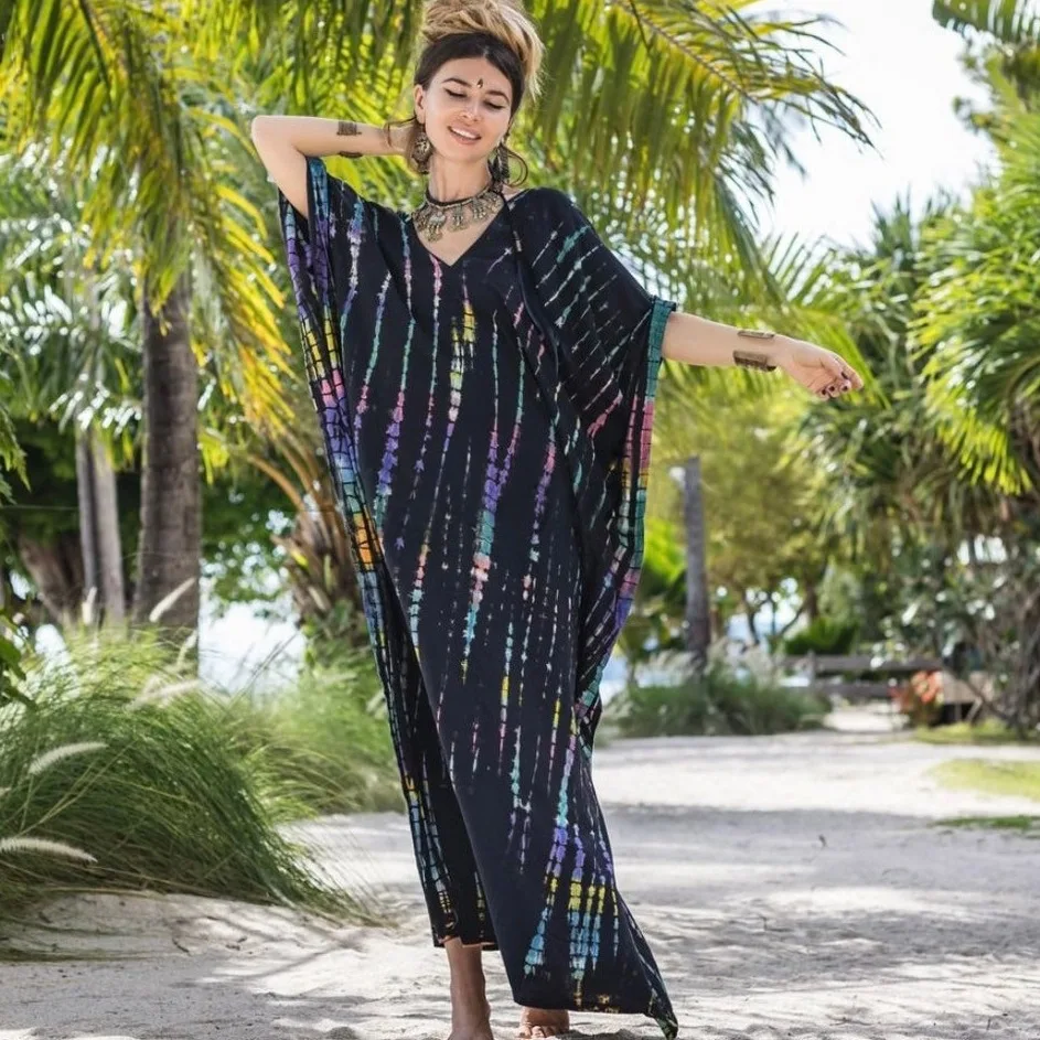 2023Summer Bohemian Striped Print Women Beach Dress Bathing Suit Cover Up Summer Tunic for Woman Beachwear Robe De Plage Kaftan