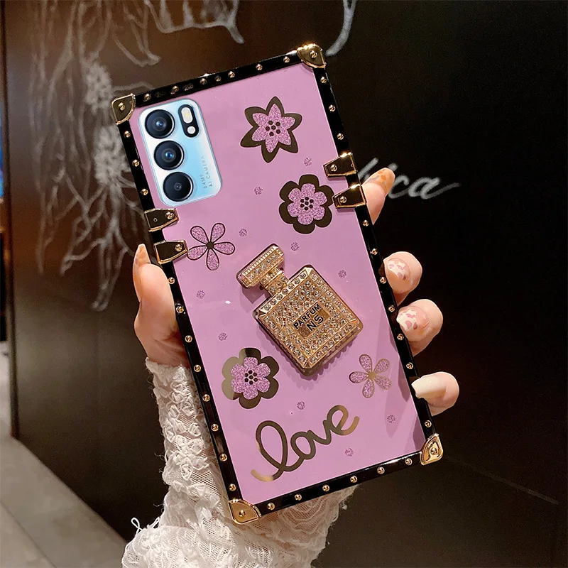 Custodia per bottiglia di profumo di diamante di lusso per Oppo Reno 2Z 3 5 6 Pro Find X2 X3 Neo Lite Cover protettiva per telefono morbida quadrata_voghion.com