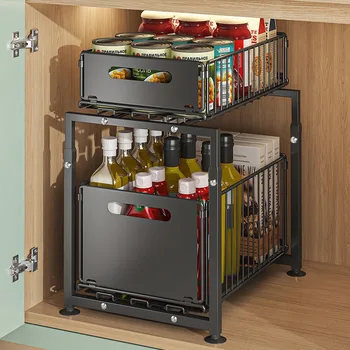 Kitchen Sink Storage Rack Pull-Out Basket Double Layer Spice Snack Bottle Can Organizer Cabinet Multi-level Shelf Under Cabinet
