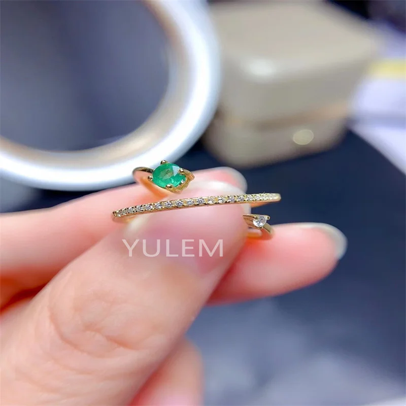 YULEM Natural Emerald Ring round cut with 925 Sterling Silver