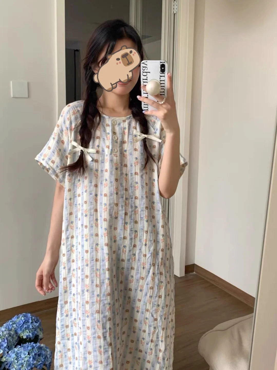 Korean Sle Cute Bear Summer Spwear Women's Thin Pure Cotton Nightgown Loose Large Size Home Clothes Sweet Sle Print