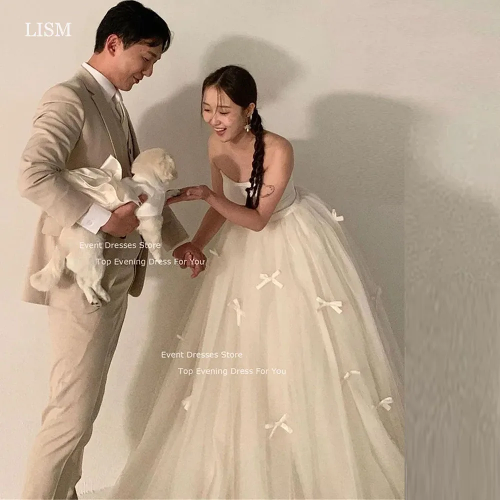 LISM 2024 페어리 화이트 공주 웨딩 드레스, 민소매 활 아플리케, 신부 가운, 한국 공식 사진 촬영 신부 드레스