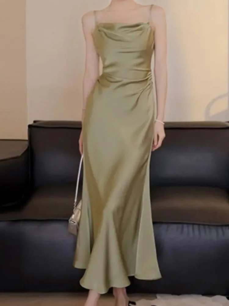 

Summer Spaghetti Strap Elegant Casual Women Dress Sleeveless Vintage Solid Satin Party Robe Female Chic Bodycon Mujers Vestidos