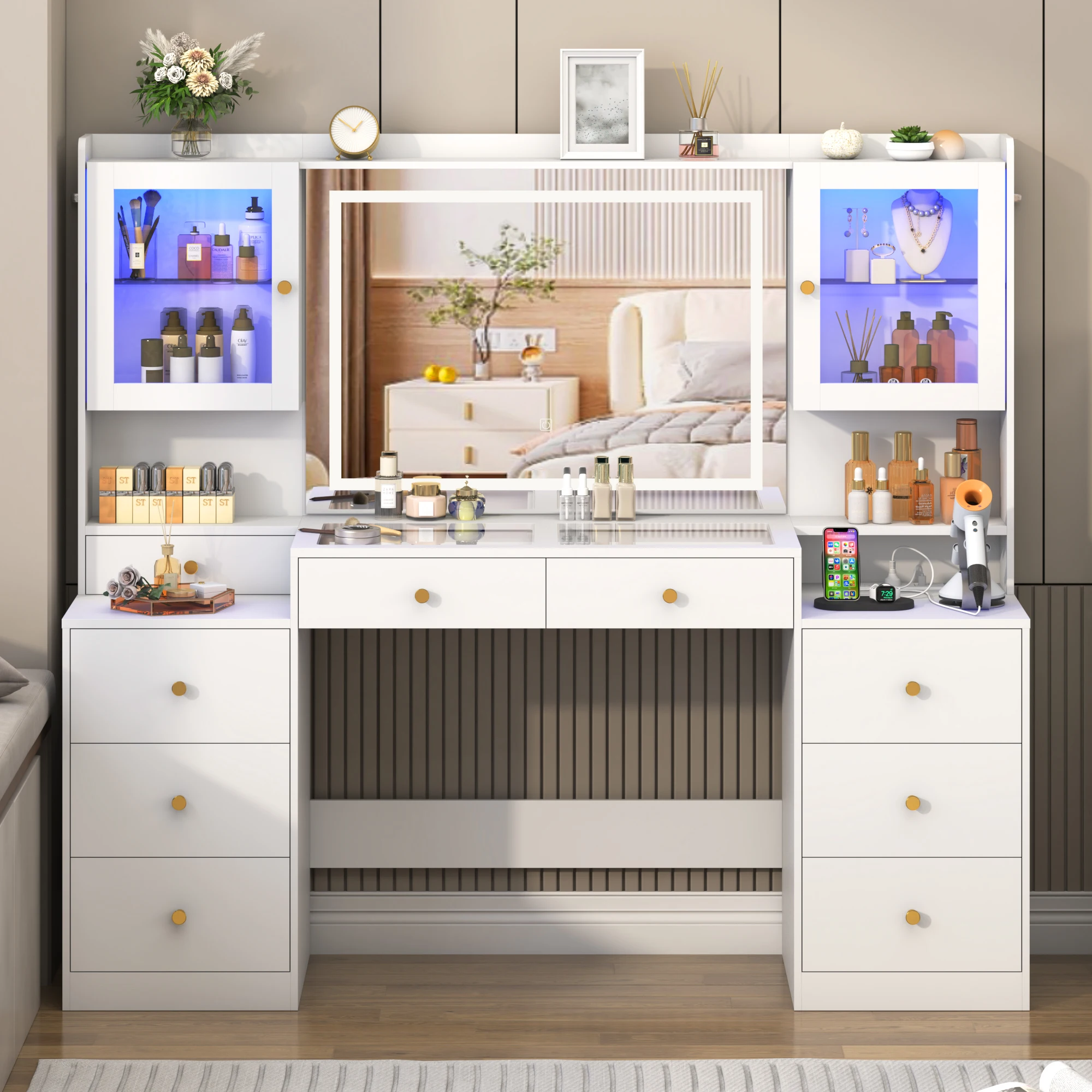 61.7" Large Vanity Desk with Mirror and Lights, Makeup Vanity with Charging Station, Sliding Drawers, 2 Cabinets with Glass Door 2