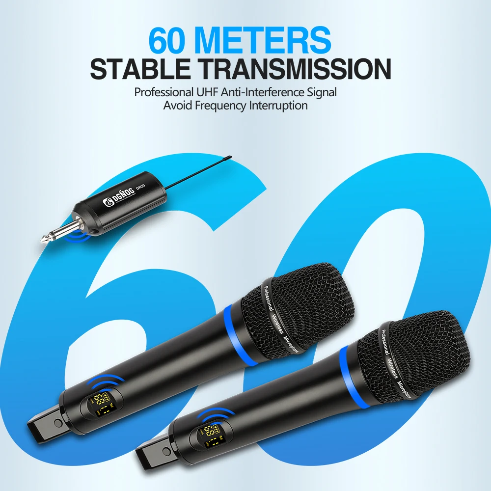 2 Channel Digital Portable Professional Wireless Microphone UHF Handheld Dynamic Suitable Karaoke DJ Microphone for Church Party