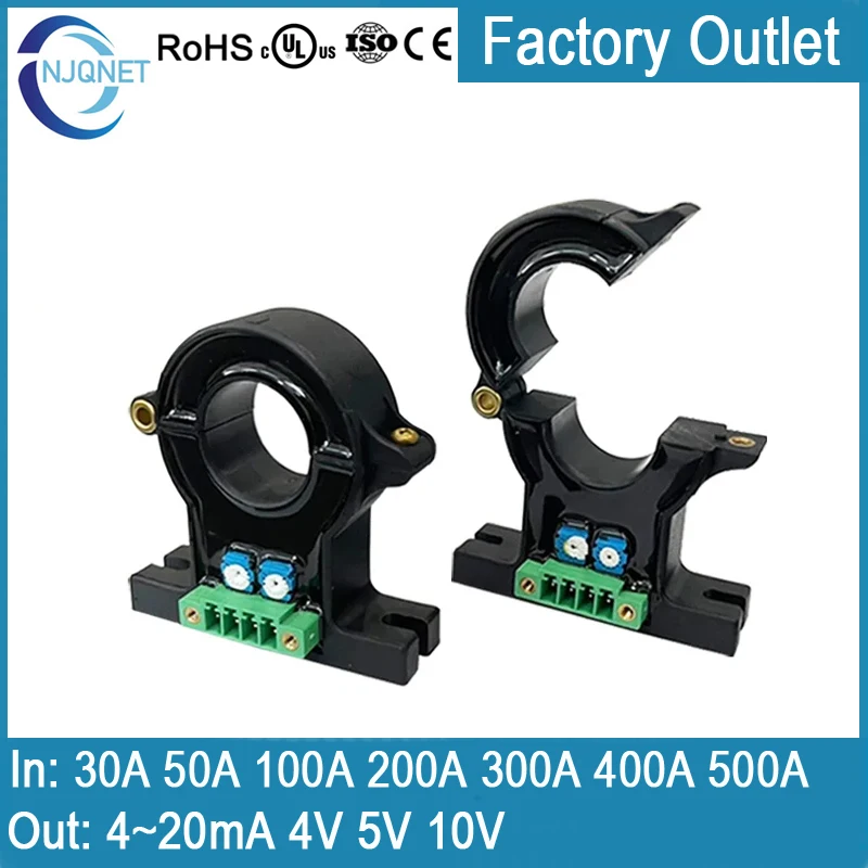 Hall effect current sensor QNDBK1-21 AC DC 30A 50A 100A 200A 300A 400A / 4~20mA 10V 5V Split core Current Transducer transmitter
