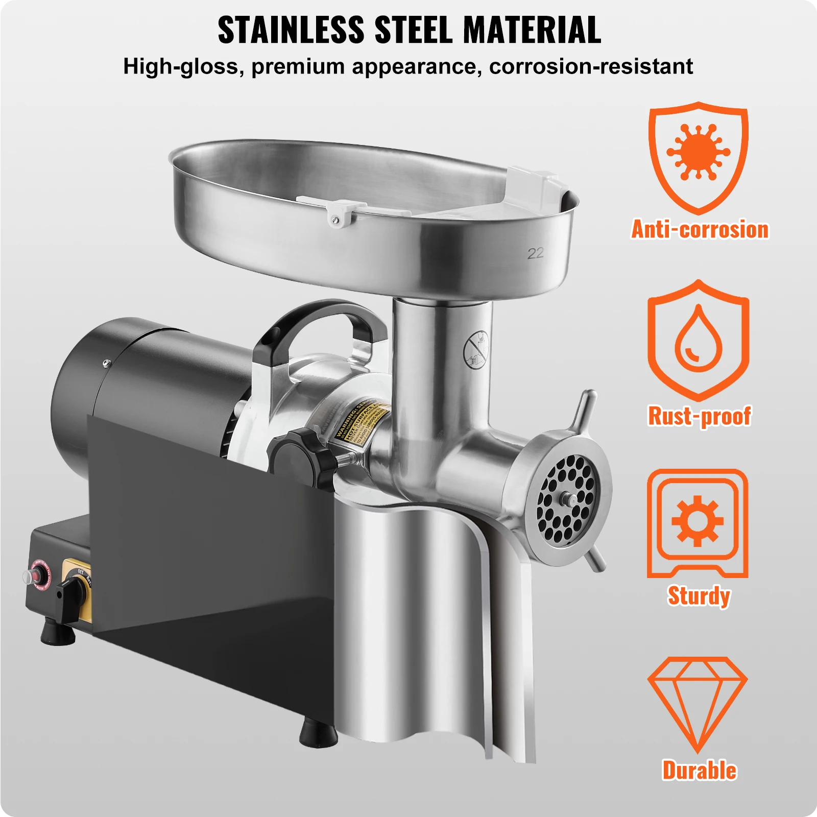 VEVOR Stainless Steel Commercial Meat Grinder, 14 Lbs/Min Capacity Electric Meat Grinders w/Blade, Grinding Plate, Sausage Maker 5