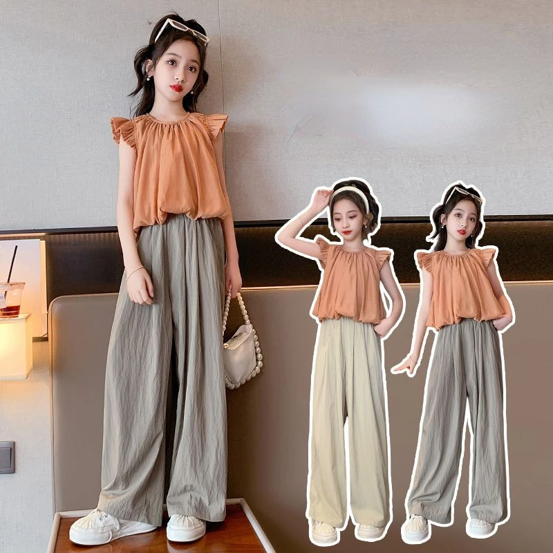 

Children's Sets Girls Casual Sweet Suit New Girl Chiffon Shirt T-shirt Wide Leg Pants Two-piece Set Loungewear Outfit