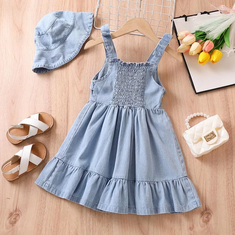 

3-8Y Kids Girl’s 2 Piece Dress Outfit Sleeveless Pleated Summer A-line Dress with Bucket Hat Set Holiday Beachwear for Girls