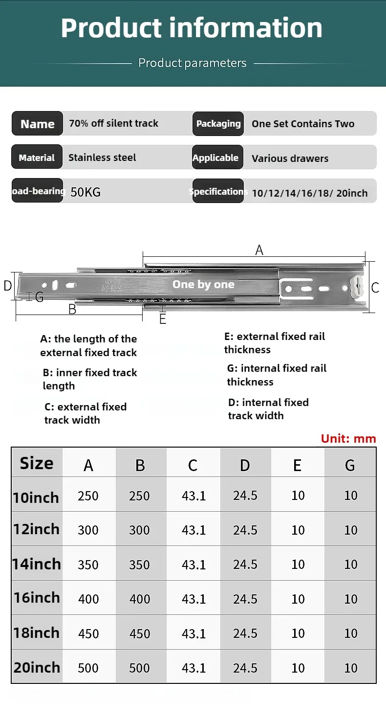 10' - 22' 45mm Breite Edelstahl-Schubladenschienen mit Soft-Close-Funktion, Dreiteilige Schiebeschienen für Schränke und Möbel – Detail 8