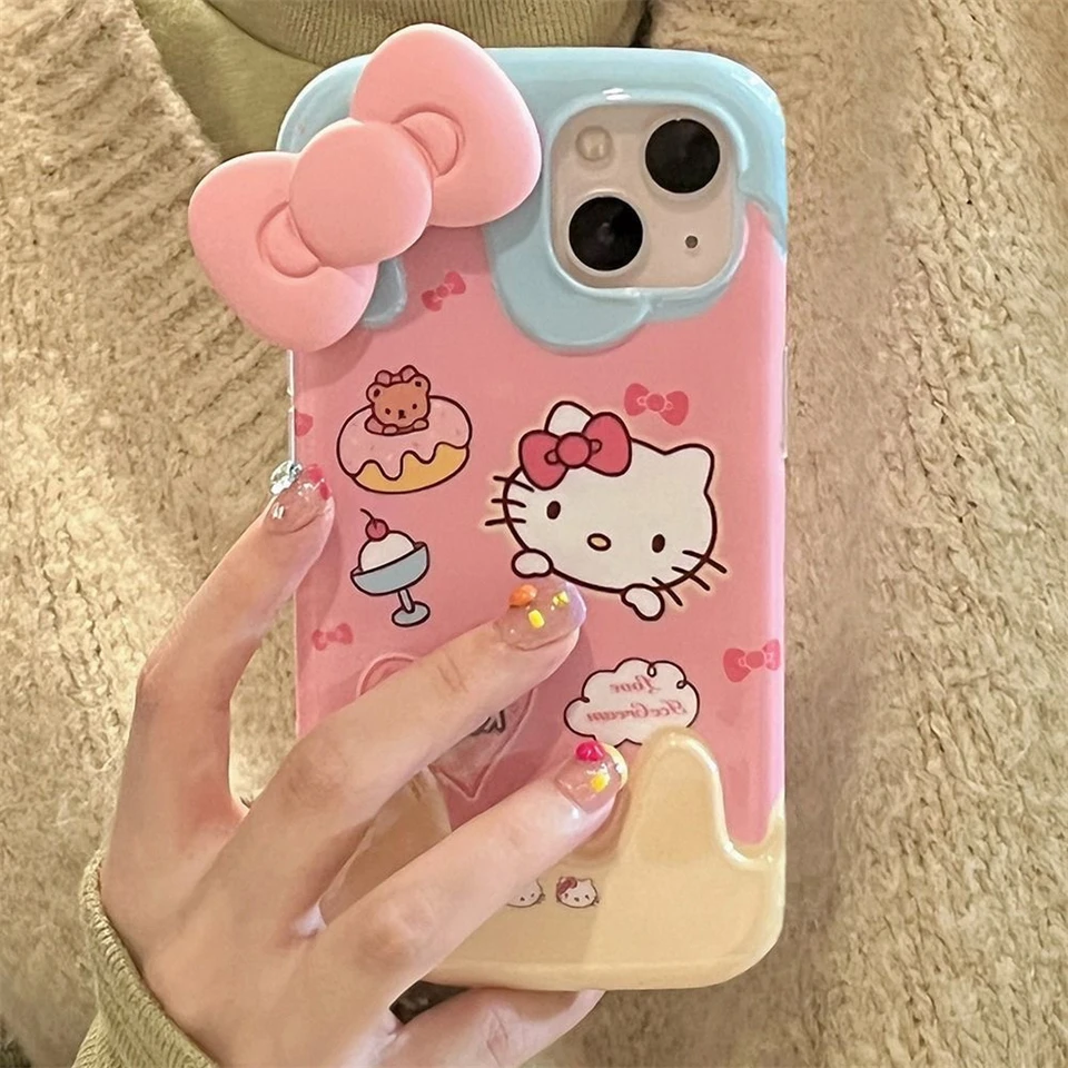 thumbnail image 1 of Sanrio-funda de Hello Kitty con lazo 3D para iPhone, 15, 14, 13, 11, 12 Pro Max, Mini, XS, XR, 7, 8 Plus, SE2, cubierta de helado a prueba de golpes, Y2K, 1 of 5
