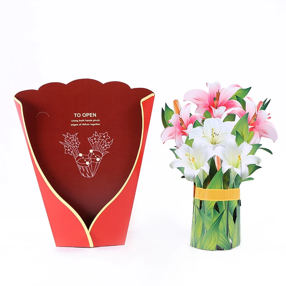Paper Pop-Up Cards Lilies Flower Bouquet 3D Greeting Cards for Mom Mothers Day All Occasions