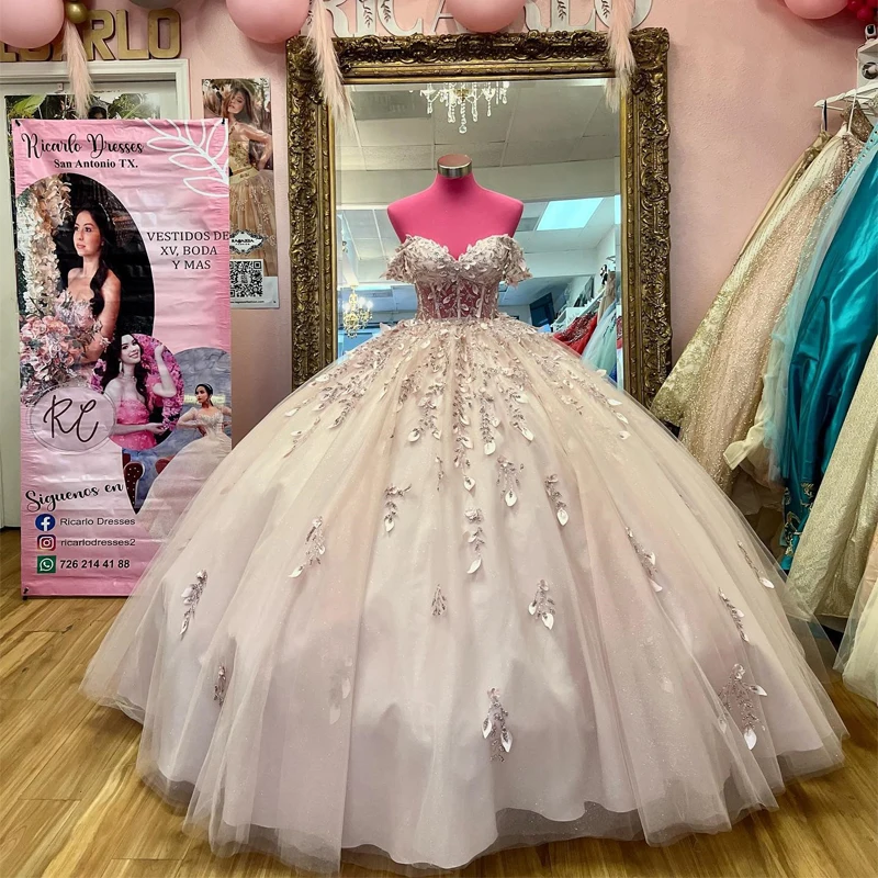 

Khaki Off The Shoulder Quinceanera Dresses Ball Gown Sleeveless Floral Appliques Lace Handmade Flowers Beading Sweet 15 Party
