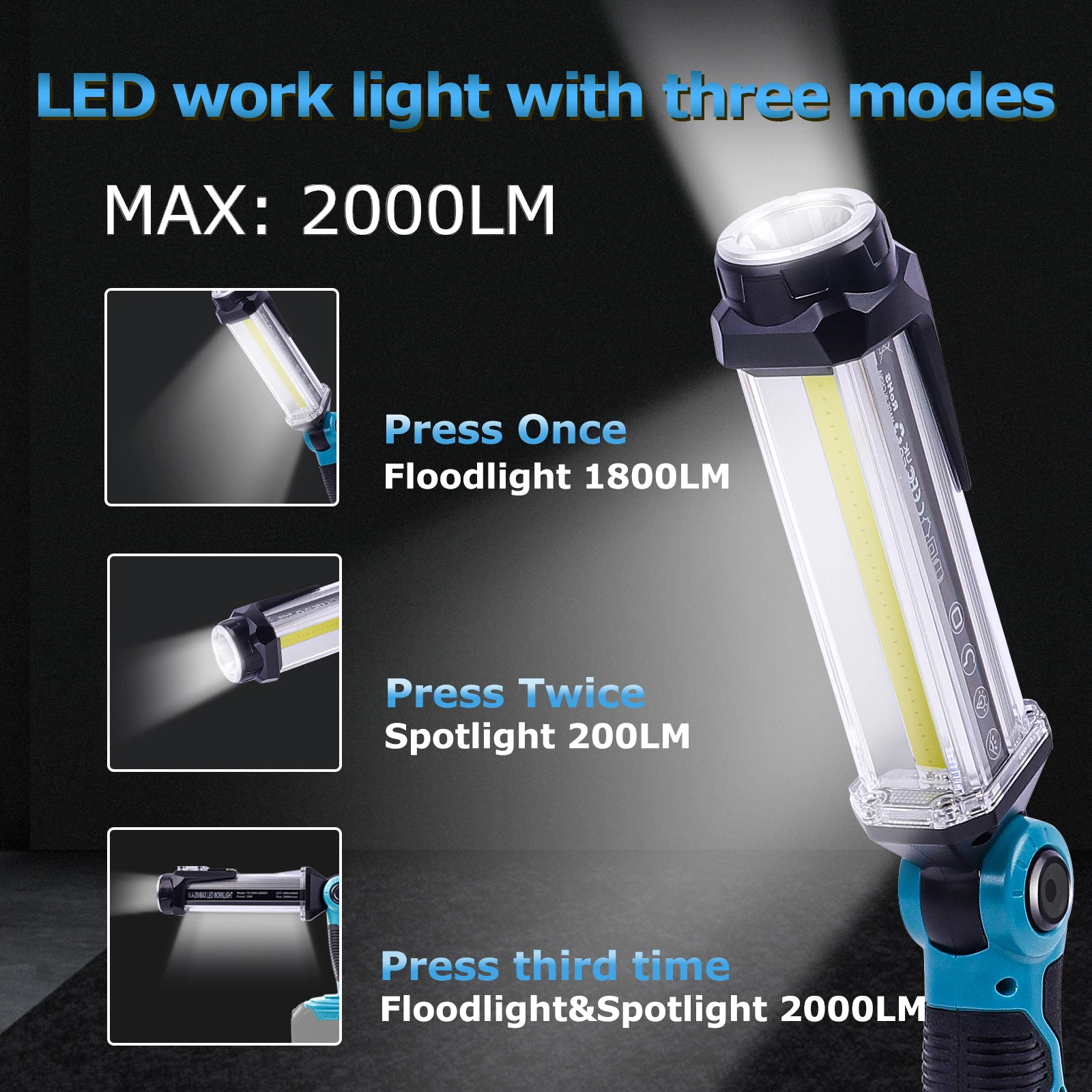 2000LM Cordless LED Work Light For Makita 18V Battery Outdoor Flashlight Portable Camping Lanterns with Hook (No Battery)