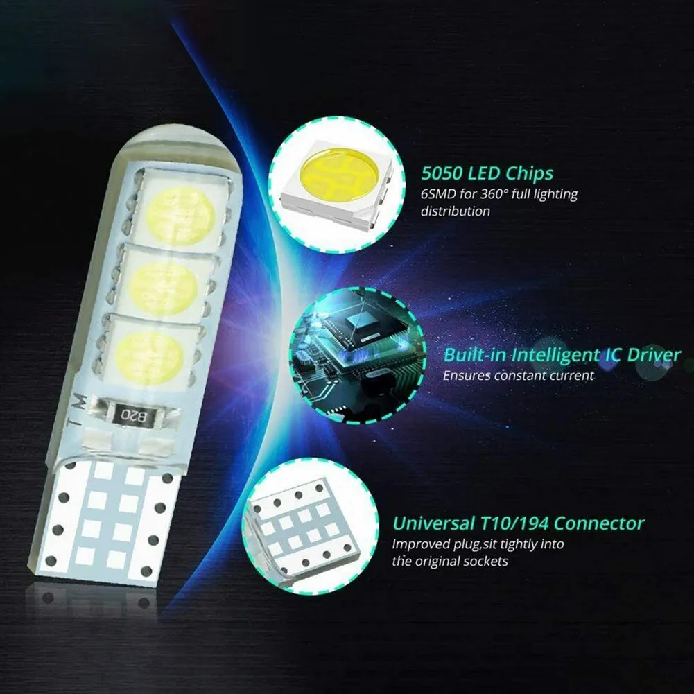 10x T10 W5W Car LED Bulb Turn Signal Light Auto Interior Dome Reading Light License Plate Wedge Side Super Bright White 12V 6SMD