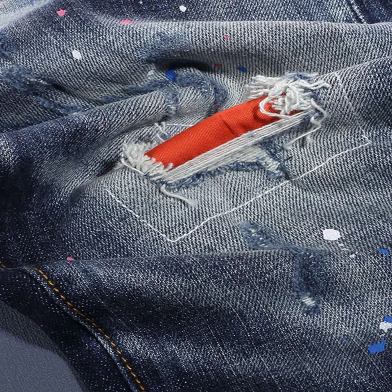 High Street Fashion Men Jeans Retro Blue Stretch Slim Fit Painted Ripped Jeans Men Patched Designer Hip Hop Brand Pants Hombre