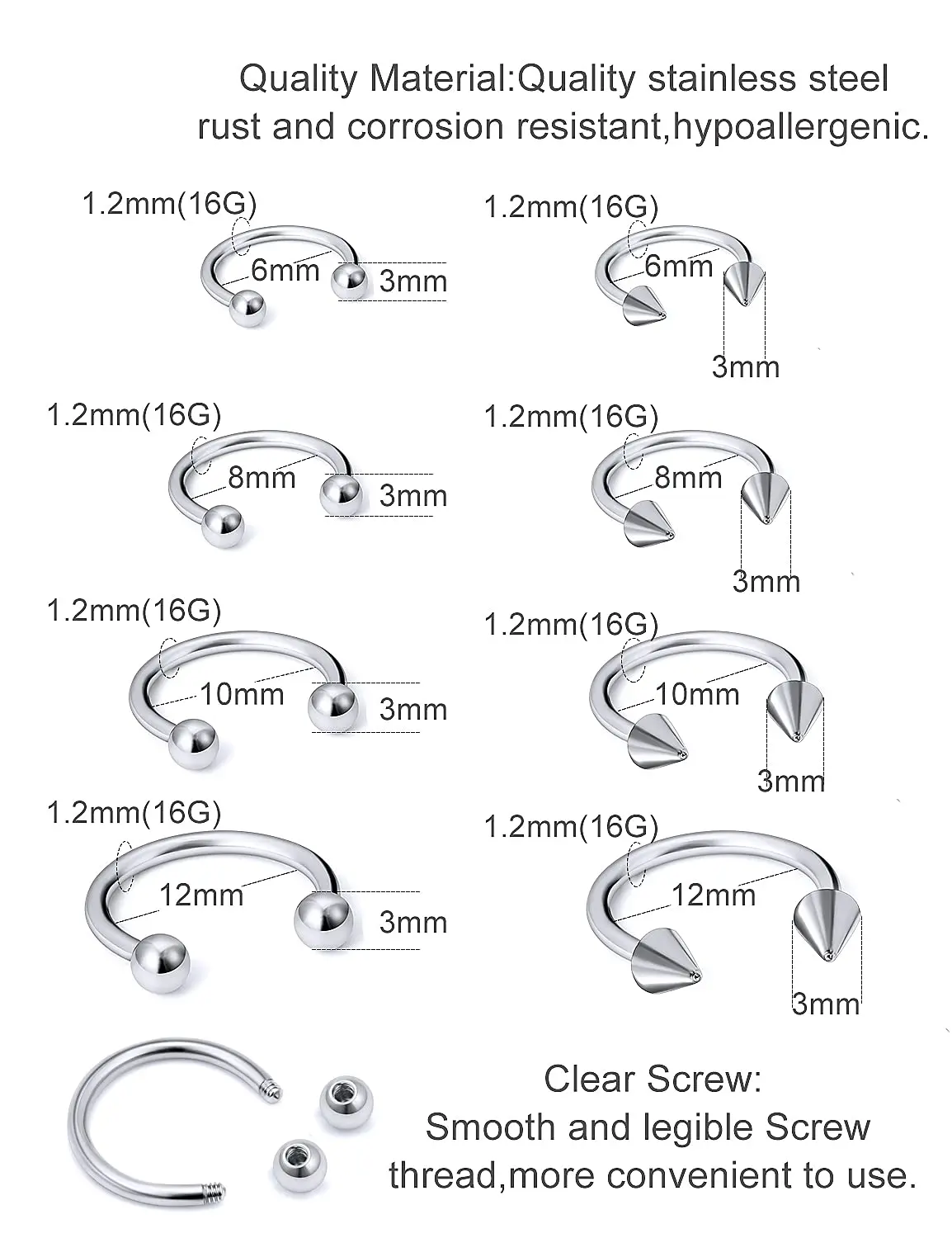 1PCS 16G Surgical Steel Nose Septum Horseshoe Hoop Earring Eyebrow Tragus Lip Piercing Ring Balls Spikes 6-12mm Nose Rings