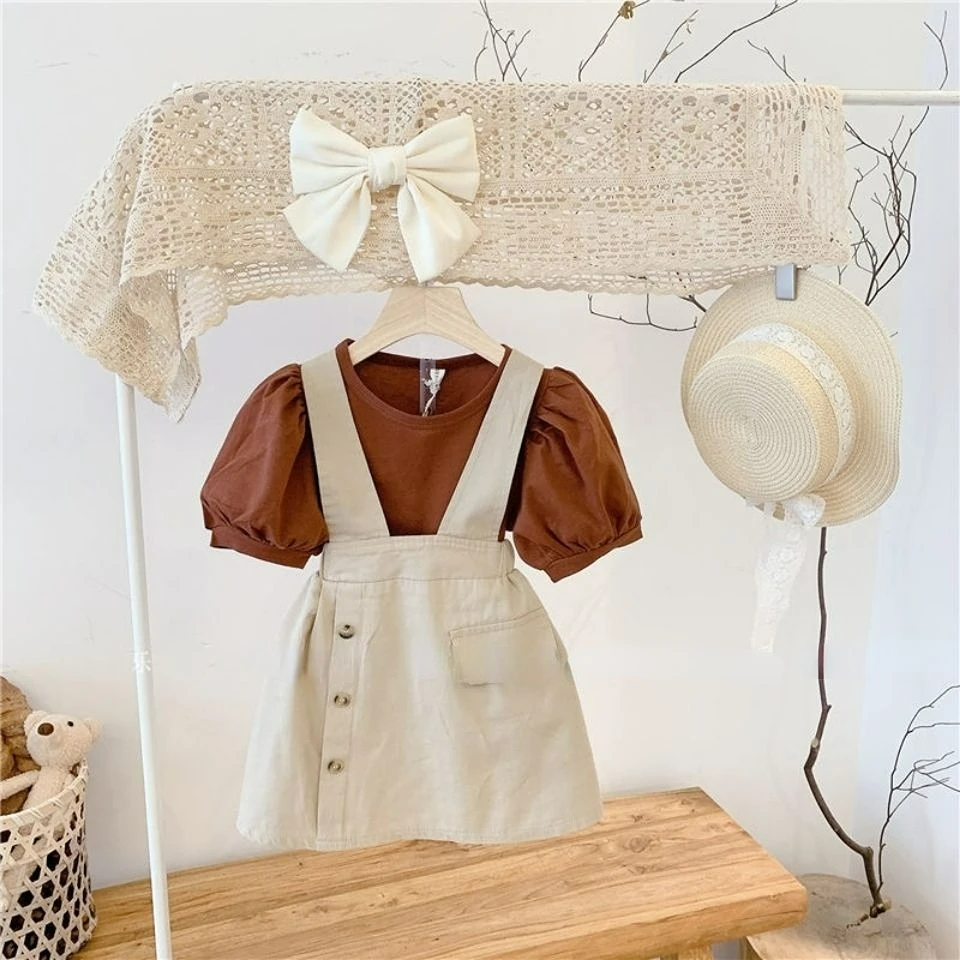 

Baby Girl Clothes Sets 2023 Summer New Toddler Girl Puff Sleeve T-shirt +Strap Skirt Two Piece Suit Korean Children Clothing