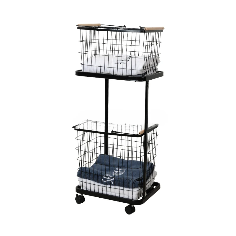 

Double layer Cloth Storage Baskets Rack Bathroom Floor Stand Clothing Storage Sundries Iron Laundry Storage Basket with wheel