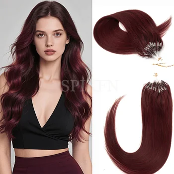 Burgundy Micro Loop Hair Extensions Micro Ring Link Hair 12"-20" Loop Ring Human Hair Extension Black Brown Blonde