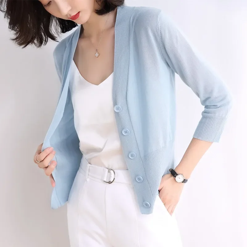New Women's Knitted Cardigan V-neck Single-breasted Sweater Fashionable and Elegant Seven-quarter Sleeve Slim Cardigan Jacket