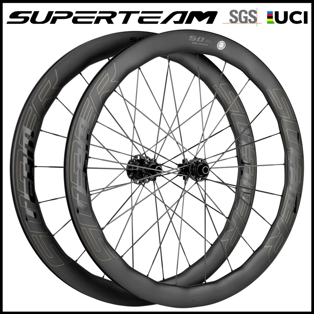 

SUPERTEAM WHEELS Road Disc Brake Wheelset 50mm UCI Carbon Fiber Wheels Tubeless Clincher Bicycle Racing Wheels Axle Thru