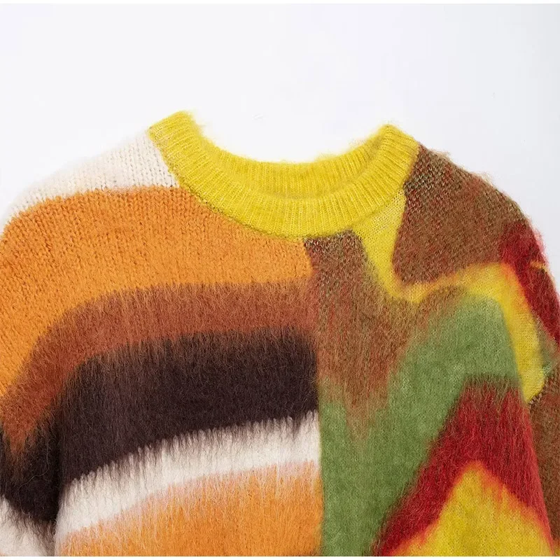 Casual Mohair Knit Women Pullover Colorful O-neck Long Sleeve Loose Sweater New Autumn Fashion Lady All-matching Knitwear