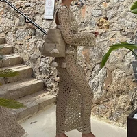 Sexy Round Collar Long Sleeve Wrap Dress Knitting Hollow Out Beachwear Cover Up Summer Holiday Beach Elegant Long Dress - Image 3
