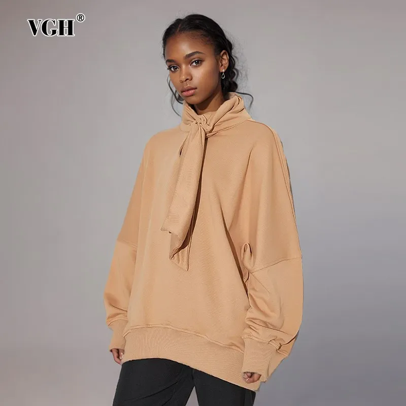 

VGH Solid Patchwork Scarf Minimalist Loose Sweatshirt For Women Turtleneck Long Sleeve Casual Pullover Sweatshirts Female New