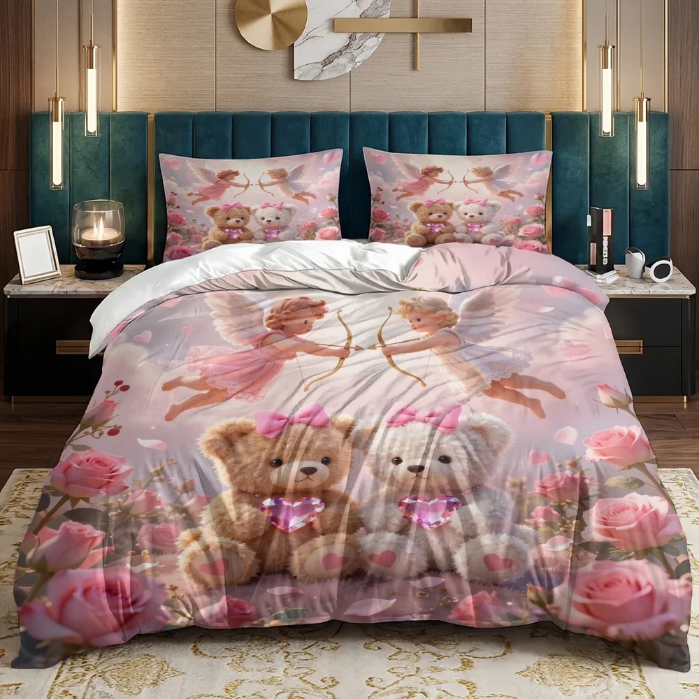 Conjunto de 3 peças de colcha com estampa romântica Cupido e Urso para o Dia dos Namorados, incluindo 1 capa de edredom e 2 fronhas (excluindo estofamento)