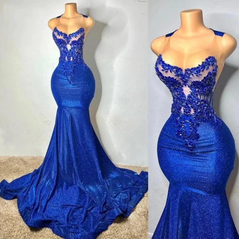 

2024 Royal Blue Cocktail Dress Sleeveless Beads Appliques Prom Dress Evening Dress Mermaid Sweep Train New Women Party Dress