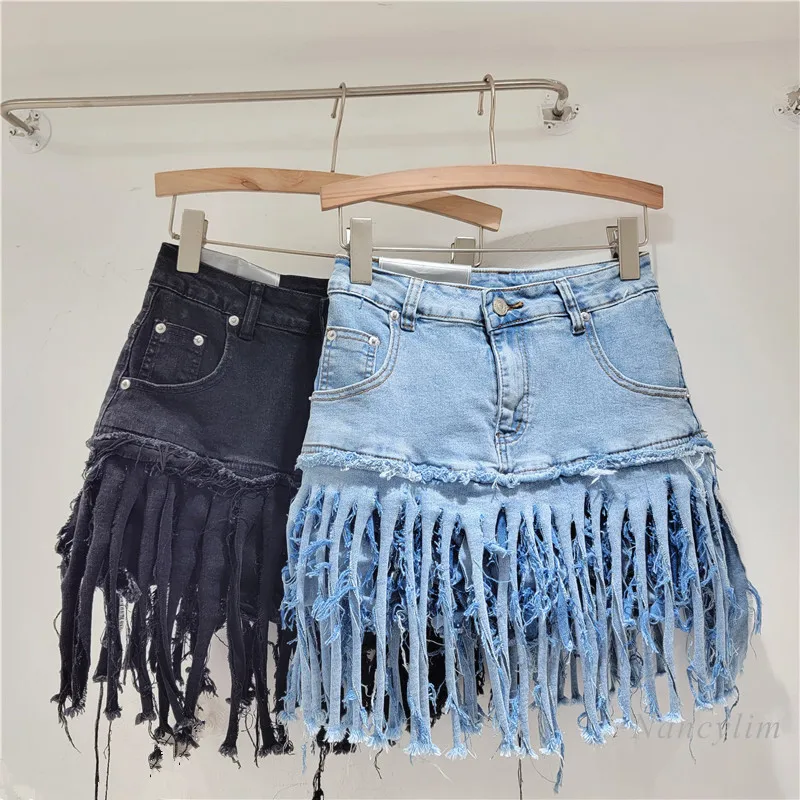 Denim Skirt Woman 2024 Summer New American Hot Girl Heavy Industry Retro Punk Motorcycle Tassel Skirt Street Short Pantskirt hip hop dragged jeans washed and old spring and fall new high street retro wide leg skirt pants y2k streetwear baggy jeans women