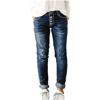 Vintage Mid Waist Single-breasted Women Jeans Commuter Casual Denim Pants Female Fashion Washable Whitish Blue Straight Trousers 1