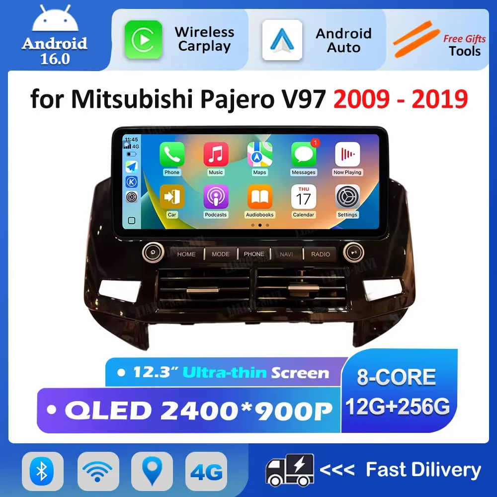 Radio de coche estéreo Android 16 Carplay DSP con reproductor multimedia de video, pantalla QLED de 12.3 pulgadas y WiFi para Mitsubishi Pajero V97 2009 - 2019 1