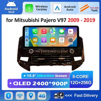 Radio de coche estéreo Android 16 Carplay DSP con reproductor multimedia de video, pantalla QLED de 12.3 pulgadas y WiFi para Mitsubishi Pajero V97 2009 - 2019 1