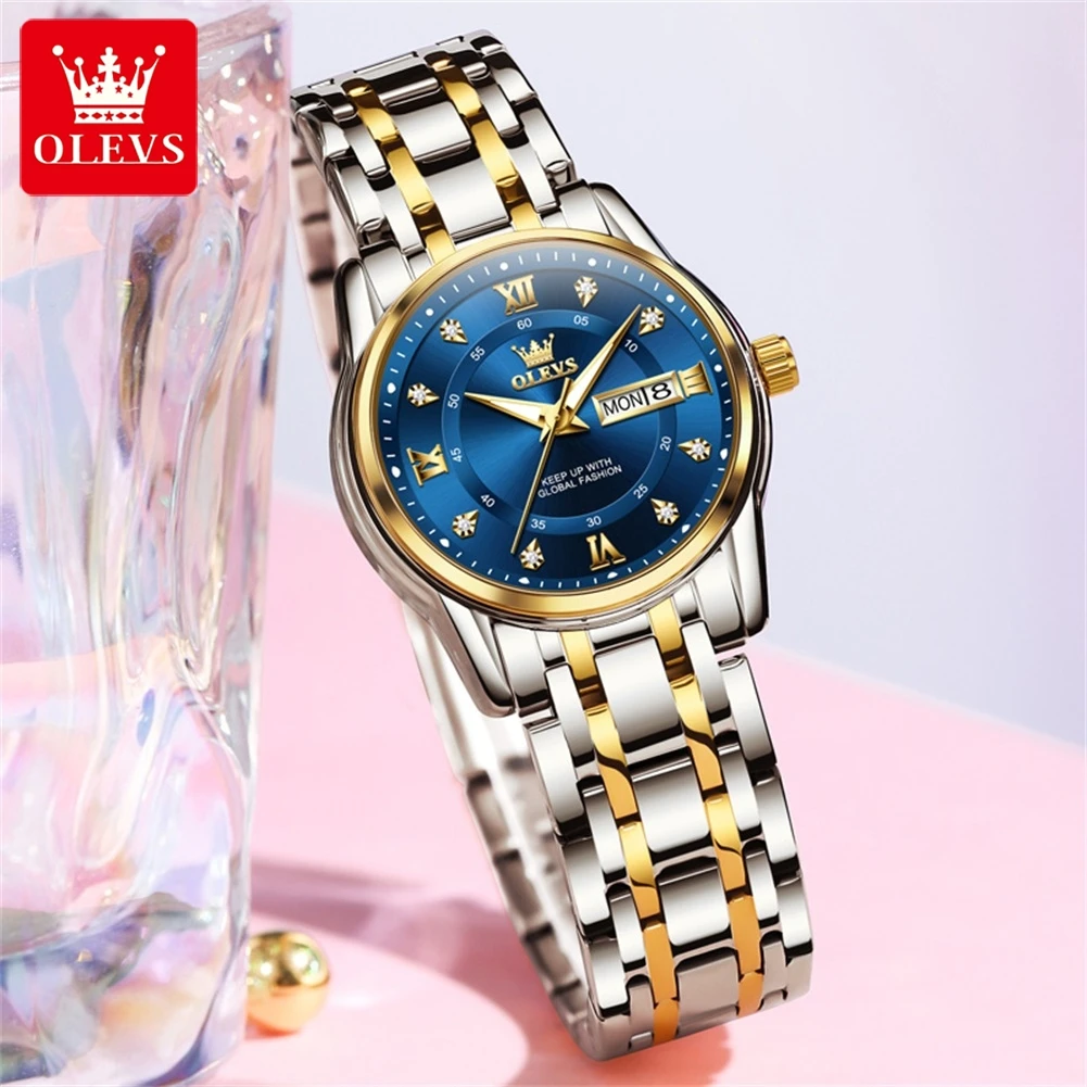 OLEVS Ladies Luminous Date Waterproof Quartz Watch Stainless Steel Dress Bracelet Wristwatch Women's Relogio Feminin