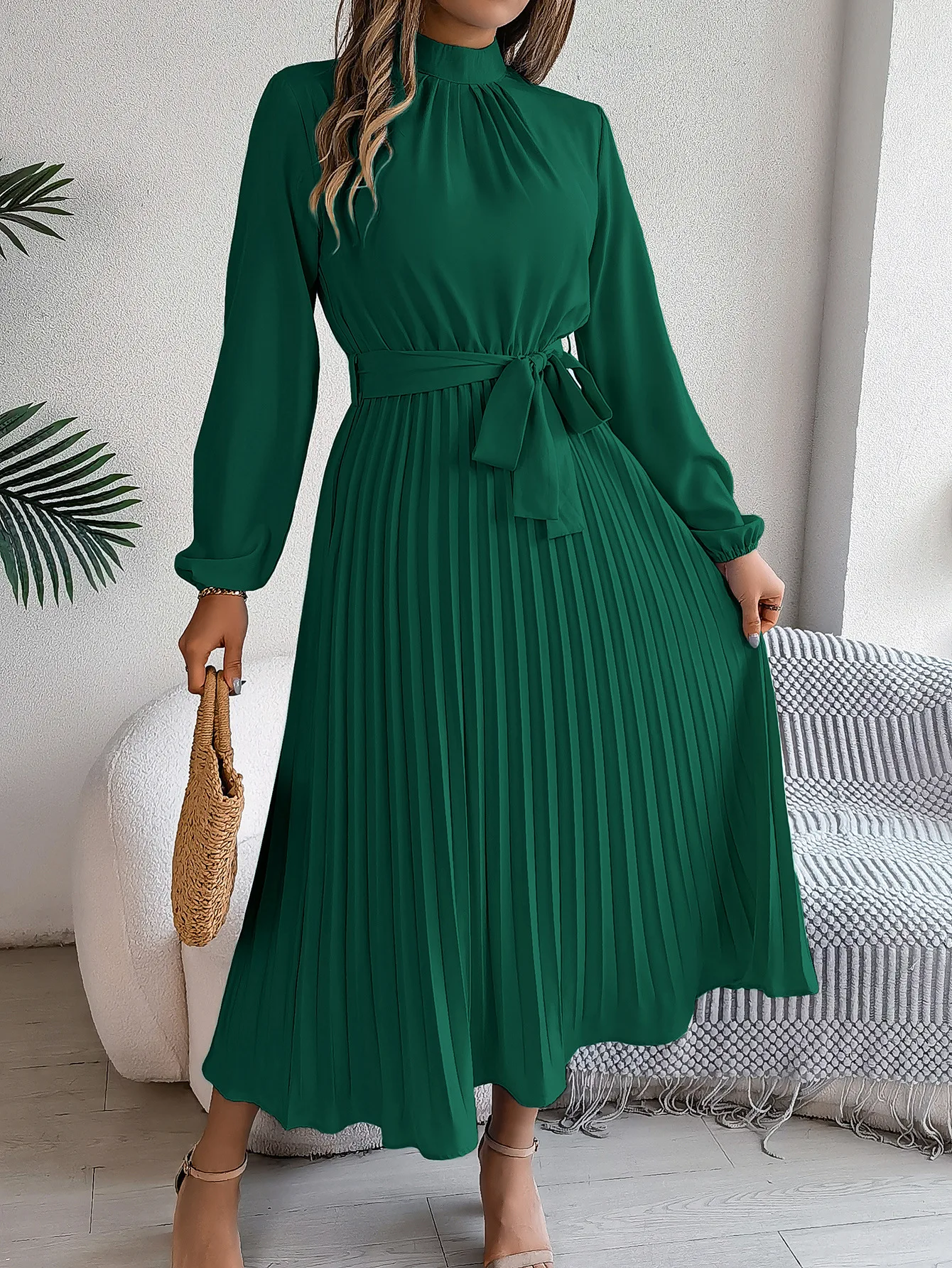 Women's Elegant Stand Collar Long Sleeve Pleated Long Dresses 2025 Spring Autumn Ladies Solid Lace-up Pleated Party Midi Dress 5