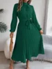 Women's Elegant Stand Collar Long Sleeve Pleated Long Dresses 2025 Spring Autumn Ladies Solid Lace-up Pleated Party Midi Dress 5