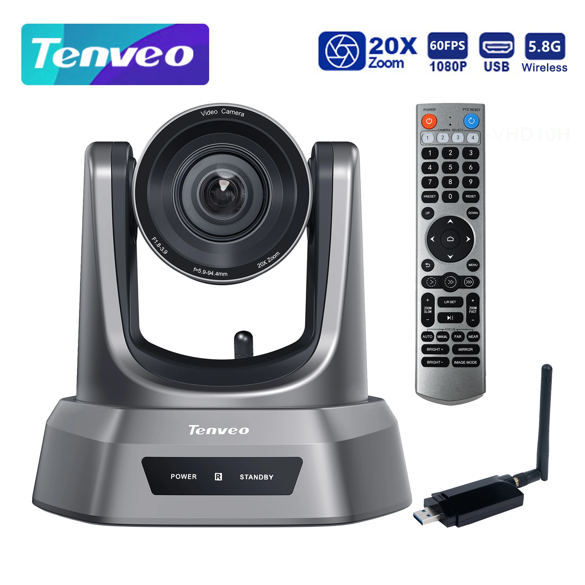 20X Optical Zoom Video Conference Room PTZ Camera 5.8G Wireless and USB3.0 1080P 60FPS for Business Church Worship Online Learn
