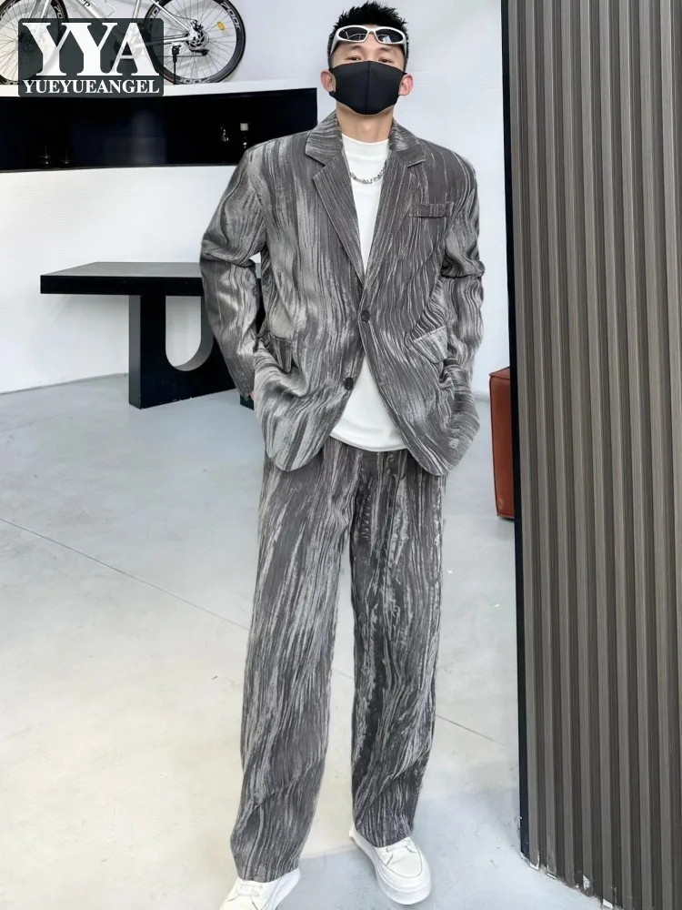 Spring Autumn Mens Velvet Suits Sets Loose Fit High Street Single Breasted Blazers Straight Pants Fashion Casual Two Piece Set