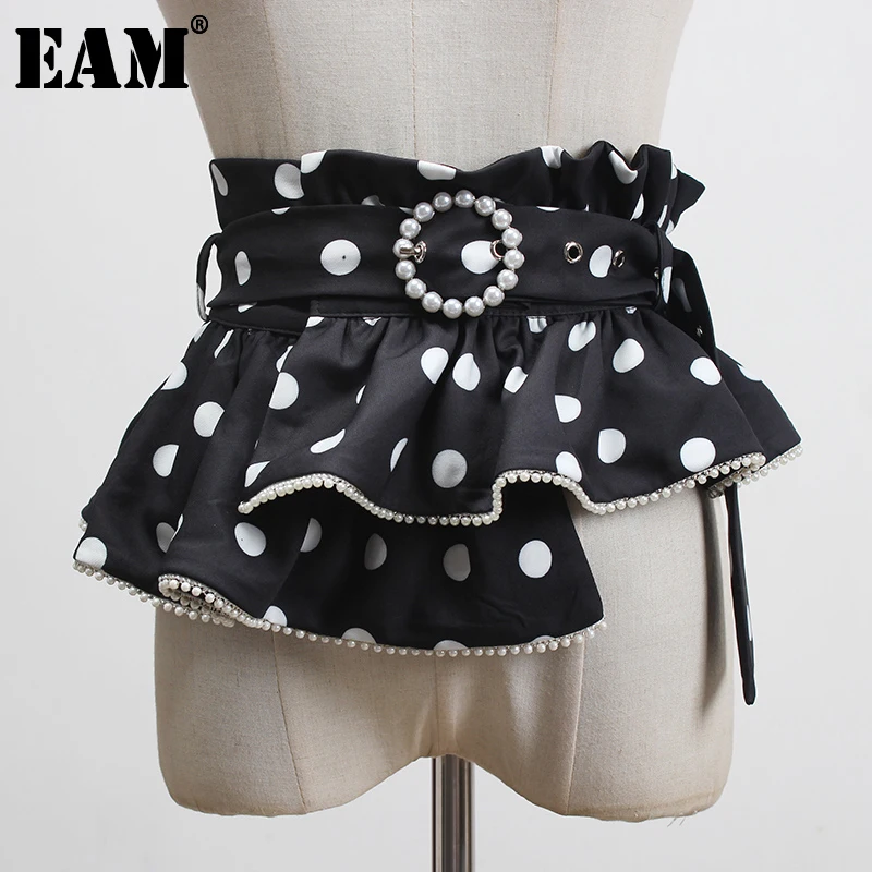 

[EAM] Pearl Hem Polka Dot Printed Stitch Buckle Wide Belt Personality Women New Fashion Tide All-match Spring 2024 1U422